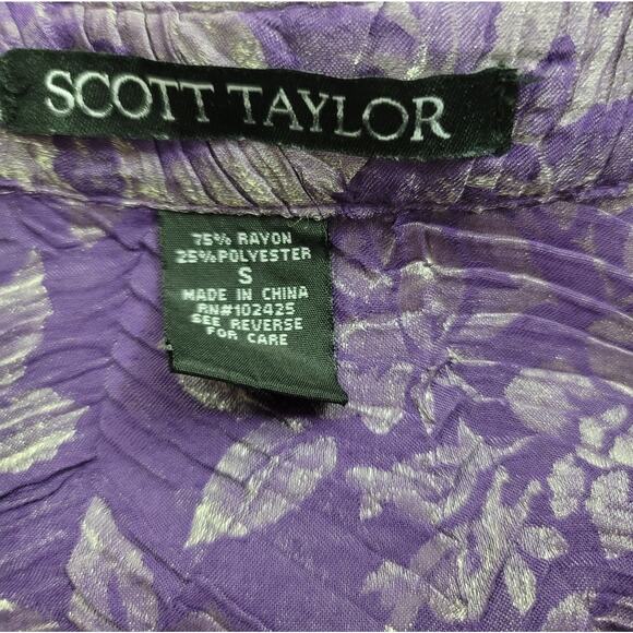 Scott Taylor Silver Purple Floral Ruched Button Up Top Small Asymmetrical Hem - Picture 4 of 4